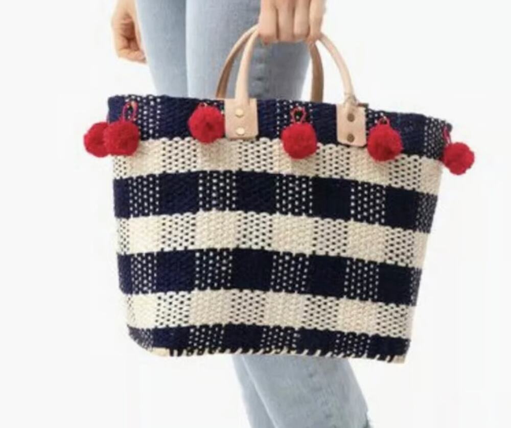 Mar Y Sol Pompei Gingham Woven Straw Tote Bag Navy Red Pom Pom Tuckernuck